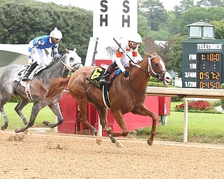 Valentine Candy became the first horse in 33 years to win four stakes races at an Oaklawn meeting in the $200,000 Bachelor for 3-year-old sprinters before an estimated crowd of 22,000 Saturday afternoon. (Photo courtesy of Coady Media)